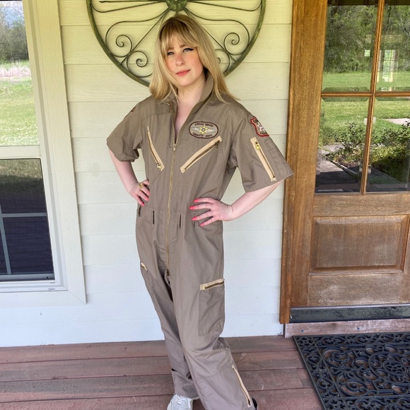Vintage Deputy Sheriffs Short Sleeved Flight Suit Coveralls in Khaki Brown - L - Picture 1 of 9